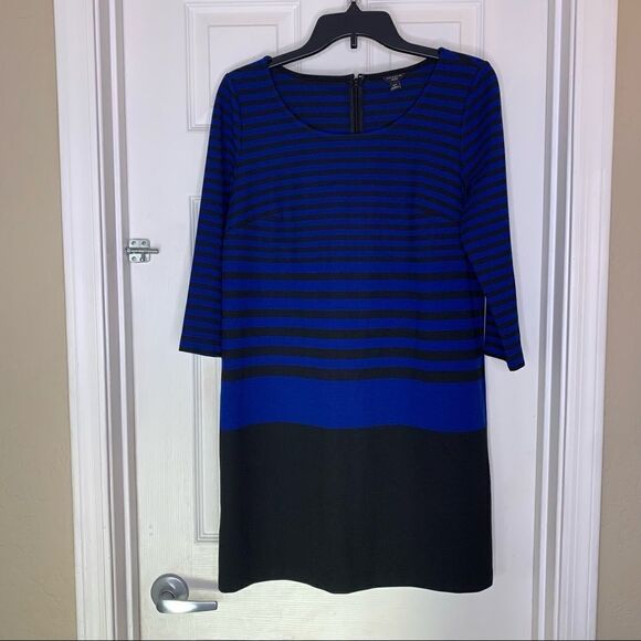 Ann Taylor Petite Medium Long Sleeve Blue Black Striped Shift Dress - Picture 1 of 9
